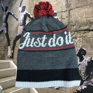 Nike Black Gray Red Pom Pom "Just Do It" Acrylic Knit Beanie Hat Cap OSFM